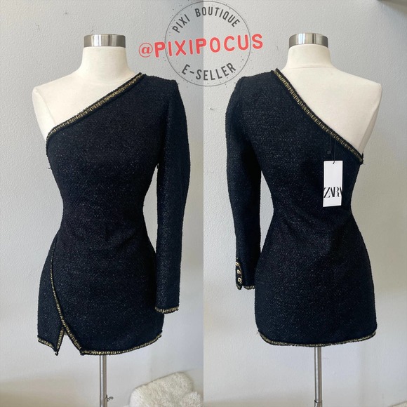 ZARA ASYMMETRIC TEXTURED GOLD BUTTON MINI DRESS BLACK - Picture 12 of 14